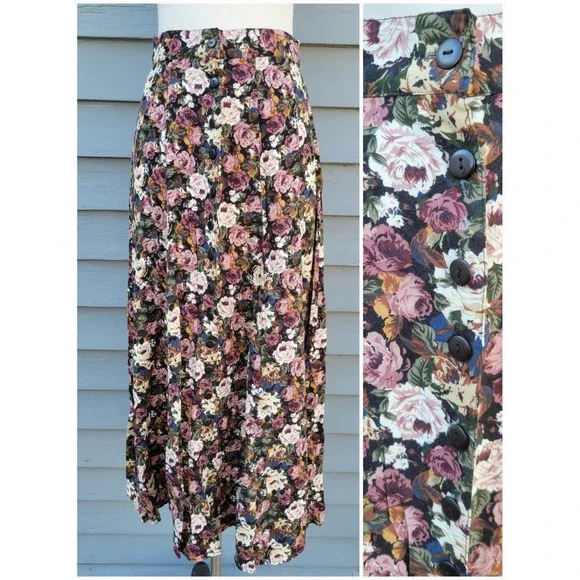 Express Vintage Floral Maxi Skirt Button Front High Waist Rayon Size M - Picture 1 of 7